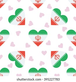 Iran, Islamic Republic Of flag independence day seamless pattern. Patriotic country flag background. Iran, Islamic Republic Of flag in the shape of heart. Vector seamless pattern.