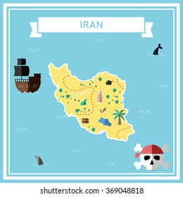 Iran, Islamic Republic Of flat treasure map.. Colorful cartoon treasure map of Iran, Islamic Republic Of with flat icons of pirate ship, jolly roger, treasure chest and banner ribbon.