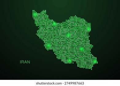 Iran, Islamic Republic of Map - Digital dotted map with glowing green points on dark background, modern technology style, abstract data network design, clean minimal geometric vector illustration.