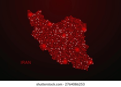 Iran, Islamic Republic of Map - Digital dotted map with glowing red points on dark background, modern technology style, abstract data network design, clean minimal vector illustration.