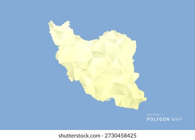 Irán, República Islámica del Mapa en estilo de Vector de polígono bajo, ilustración de forma geométrica con tonos amarillos suaves sobre fondo azul, silueta limpia para infografía.
