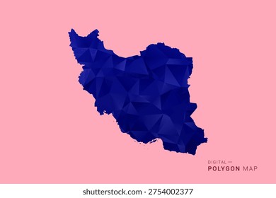Iran, Islamic Republic of Map - Low poly polygon map in deep blue gradient on soft pink pastel background, modern minimal geometric design, clean digital vector illustration.
