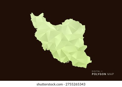 Iran, Islamic Republic of Map - Low poly polygon map in soft light green gradient on dark brown background, modern minimal geometric style, clean abstract vector illustration design.