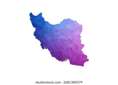 Irán, República Islámica del Mapa - Ilustración vectorial de estilo polígono en degradado azul y púrpura, diseño geométrico de bajo poli, aislado sobre fondo blanco, ideal para infografías y materiales de aprendizaje.