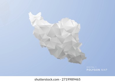 Irán, República Islámica del Mapa - Ilustración vectorial de estilo polígono en gris, blanco y azul, diseño geométrico de bajo poli, silueta mínima, adecuada para infografía y diseño moderno.