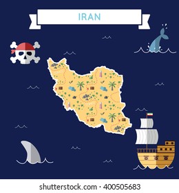 Iran, Islamic Republic Of treasure map in flat design.. Colorful cartoon treasure map of Iran, Islamic Republic Of with flat design icons of pirate ship and jolly roger.