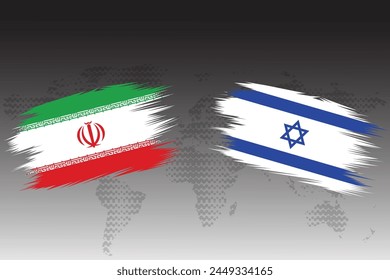 Concepto de banderas de Irán e Israel. Banderas de Israel e Irán, aisladas en un fondo gris grunge del mapa mundial. Ilustración vectorial gráfica.