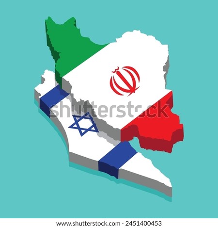 Iran and Israel map isolated with 3d flag. Iran VS Israel, Israel and Iran War concept. Two countries flag with each other. state flags of Islamic Republic. Iran Attack Israel