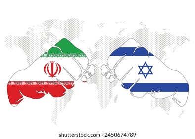 Plantilla gráfica de Ilustración vectorial de Irán e Israel. Banderas de Israel e Irán con un concepto de primera forma, en un mapa mundial grunge. Archivo editable EPS,