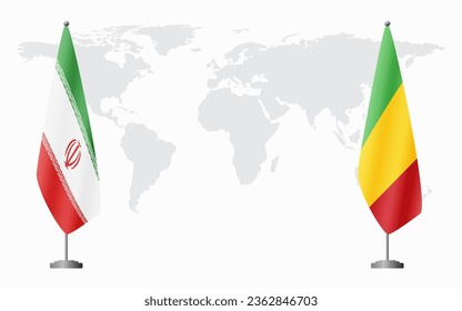 Iran and Mali flags for official meeting against background of world map.