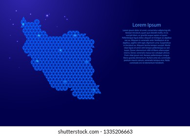 Iran map abstract schematic from blue triangles repeating pattern geometric background with nodes and space stars for banner, poster, greeting card. Vector illustration.