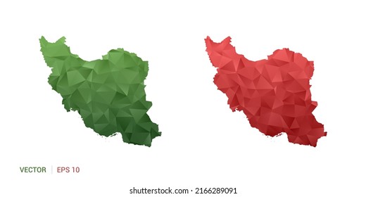 Iran map of abstract vector polygon set couple color green and red.
