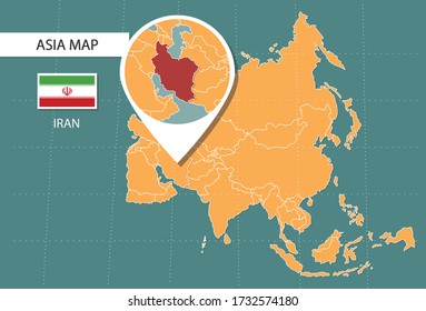 Iran map in Asia zoom version, icons showing Iran location and flags.