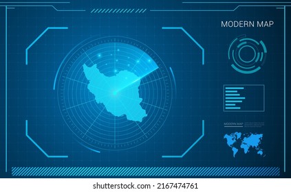 Iran map of blue digital frame technology radar vector HUD, GUI, UI interface.