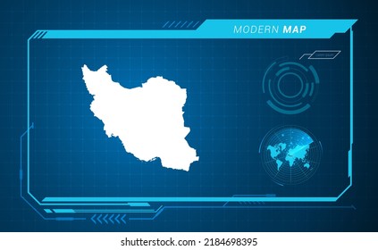 Mapa de Irán del marco digital azul HUD, GUI, interfaz de interfaz de usuario vector de radar.