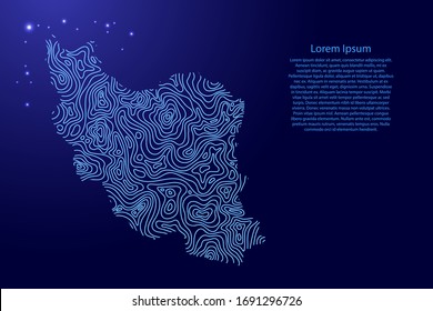 Iran map from blue isolines or level line geographic topographic map grid and glowing space stars. Vector illustration.