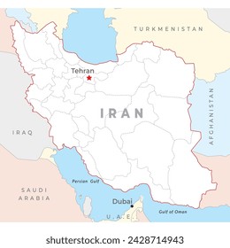 Iran map, capital Tehran, with national borders