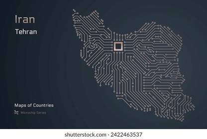 Iran Map with a capital of Tehran Shown in a Microchip Pattern with processor. E-government. World Countries vector maps. Microchip Series	
