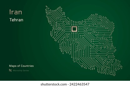 Iran Map with a capital of Tehran Shown in a Microchip Pattern with processor. E-government. World Countries vector maps. Microchip Series	