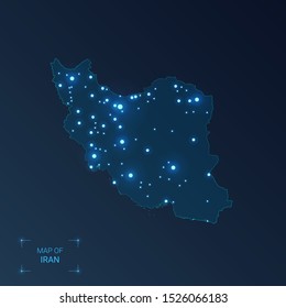 Iran map with cities. Luminous dots - neon lights on dark background. Vector illustration. 