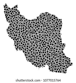 Iran Map collage of small circles in various sizes. Scattered round blots are organized into Iran Map mosaic. Vector geographical map design concept.