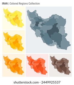 In: Iran Map Kollektion. Form des Countrys mit farbigen Bereichen. Blau grau, gelb, bernsteinfarben, orange, tieforange, braune Farbpaletten. Grenze des Iran mit Provinzen für Ihre Infografik. Vektorillustration.