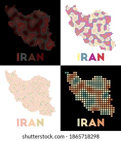 Karte des Iran. Sammlung von Karte des Iran im gepunkteten Stil. Grenzen des Landes gefüllt mit Rechtecken für Ihr Design. Vektorgrafik.