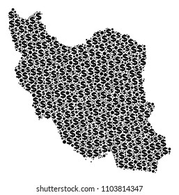 Iran map composition of money signs and circle points in various sizes. Abstract vector cash and GDP Iran map. Dollar symbols and round dots are arranged into geographical plan design concept.