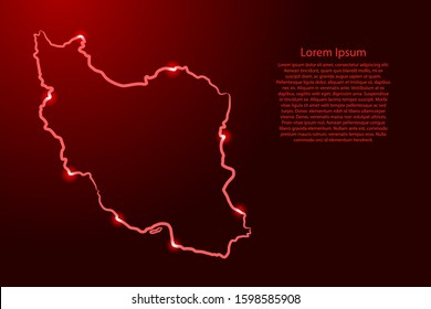 Iran map from the contour red brush lines different thickness and glowing stars on dark background. Vector illustration.