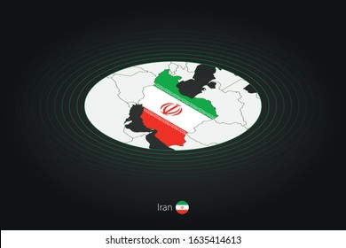 Iran map in dark color, oval map with neighboring countries. Vector map and flag of Iran