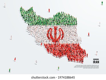 Iran Map and Flag. A large group of people in the Iranian flag color form to create the map. Vector Illustration.