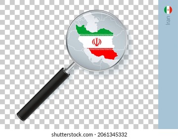 Iran map with flag in magnifying glass on transparent background. Vector loupe with map.