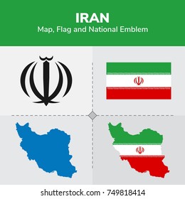 Iran Map, Flag and National Emblem 