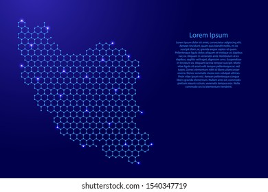Iran map from futuristic hexagonal shapes, lines, points  blue and glowing stars in nodes, form of honeycomb or molecular structure for banner, poster, greeting card. Vector illustration.