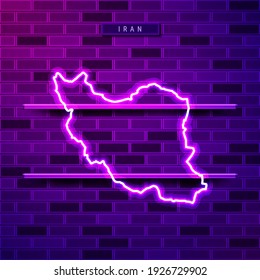 Iran map glowing neon lamp sign. Realistic vector illustration. Country name plate. Purple brick wall, violet glow, metal holders.