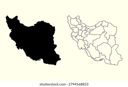 iran map icon with black silhouette and thin outline on split background for travel