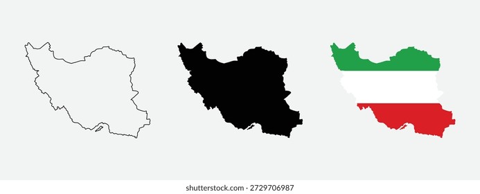 Conjunto de ilustración de mapa de Irán con contorno, silueta sólida y colores de bandera nacional. Una representación geográfica limpia que destaque las fronteras y la identidad del país. Ideal para educación, geopolítica, contenido de viajes, infografías, presentaciones y diseños relacionados con Oriente Medio.
