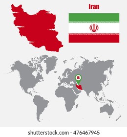 Iran map on a world map with flag and map pointer. Vector illustration