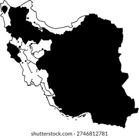 Iran map outline black. Tehran Shiraz Isfahan cities highlighted. Political geography.