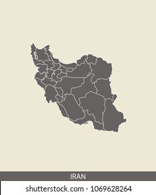 Iran map outline vector illustration in gray background. Borders of all states or provinces or counties are included on this map.