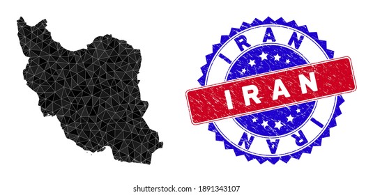 Iran map polygonal mesh with filled triangles, and unclean bicolor stamp. Triangle mosaic Iran map with mesh vector model, triangles have randomized sizes, and positions, and color hues.
