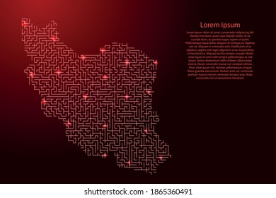 Iran map from red pattern of the maze grid and glowing space stars grid. Vector illustration.