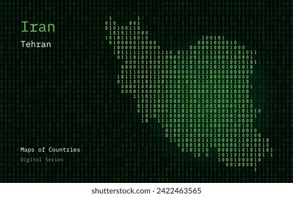 Iran Map Shown in Binary Code Pattern. Matrix numbers, zero, one. World Countries Vector Maps. Digital Series	