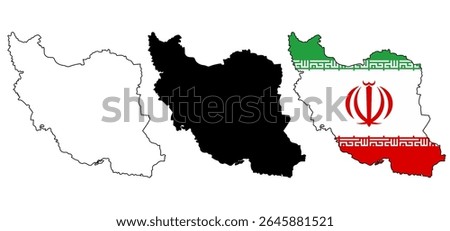 Iran map in three styles: outline, solid black silhouette, and filled with national flag colors. Official standard colors. Perfect for educational, political, and travel design needs.