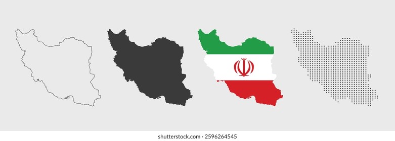 Iran map in various style outline, grey, flag color, and dotted