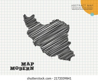 Iran map of vector black silhouette chaotic hand drawn scribble sketch on grid paper used for notes or decoration.