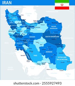 Iran Map Vector Blue Spot - Customizable layered political map of Iran with administrative divisions for website, education, reports, news, politics, print, poster and wallpaper