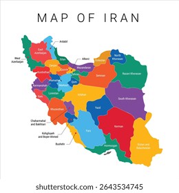 Iran map Vector illustration with Provinces, Color vector map of Iran, Colorful map vector drawing, geographical borders, political Map of Iran with regions, Iranian provinces. EPS 10 