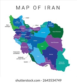 Mapa do Irã Ilustração vetorial com províncias, Mapa do vetor de cores do Irã, Desenho do vetor do mapa colorido, fronteiras geográficas, Mapa político do Irã com regiões, províncias iranianas. EPS 10 