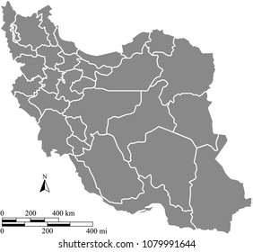 Iran map vector outline with scales of miles and kilometers and borders of provinces in gray background. Persian map with mileage and kilometer scales 